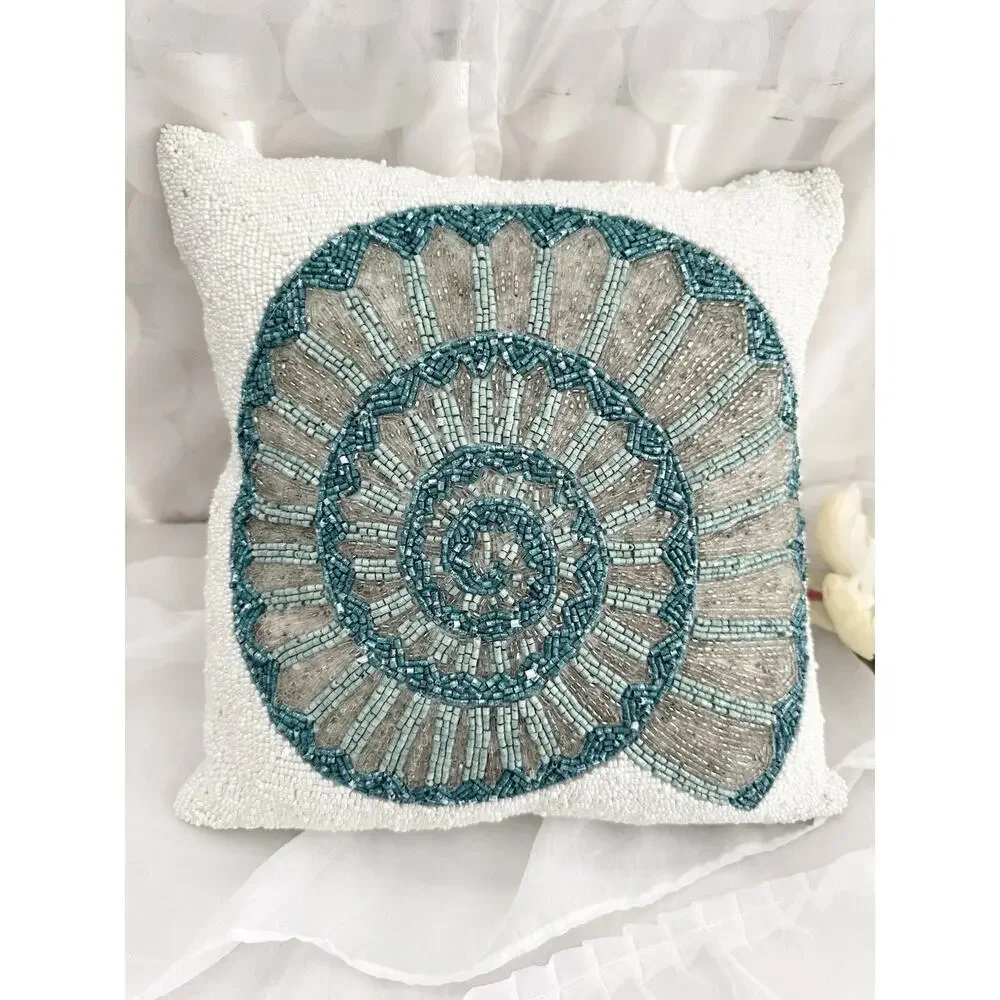 White GLASS  Beaded Accent Pillow Blue Shell Coastal Beach Teal Blue Square 12”
